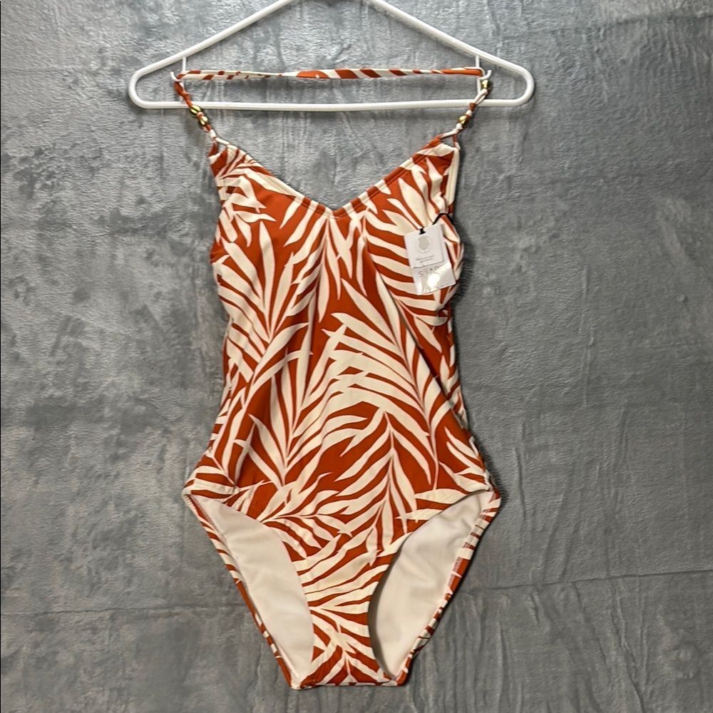 NWT New Shade & Shore Orange Cream Floral Halter One Piece Swimsuit Size XS
